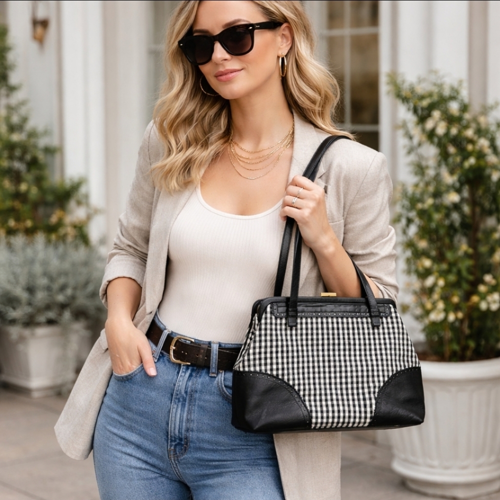 Franchie Black & White Gingham Frame Satchel Handbag